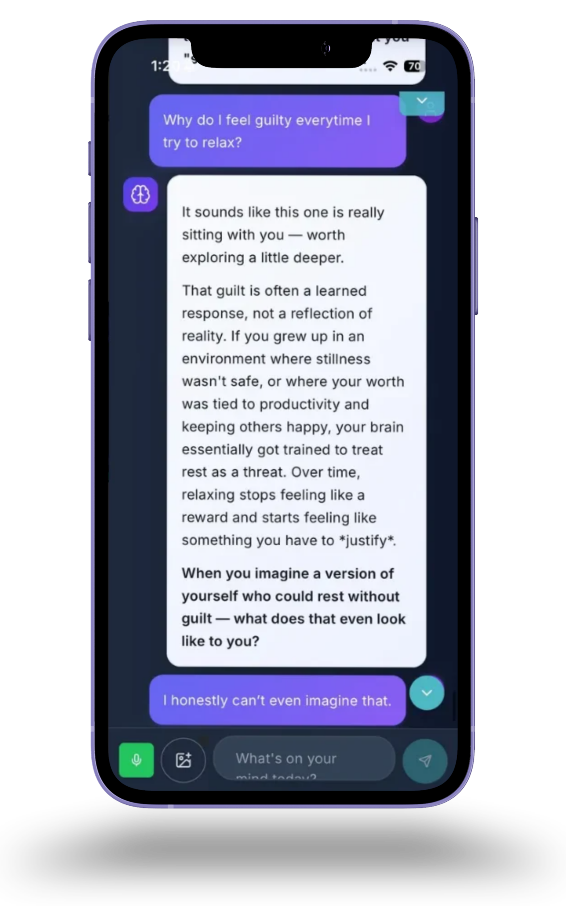 PsychPal helping a user work through guilt about rest so they can finally relax